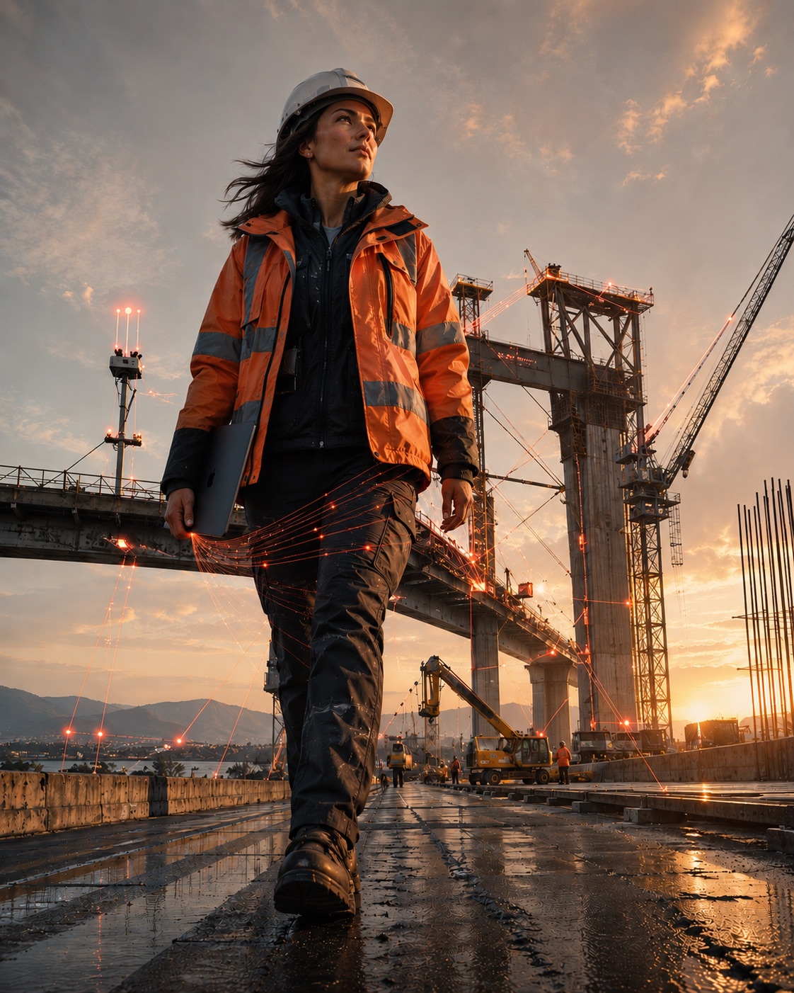 Ingeniera en un puente en construcción al atardecer, con líneas de datos recorriendo la escena.